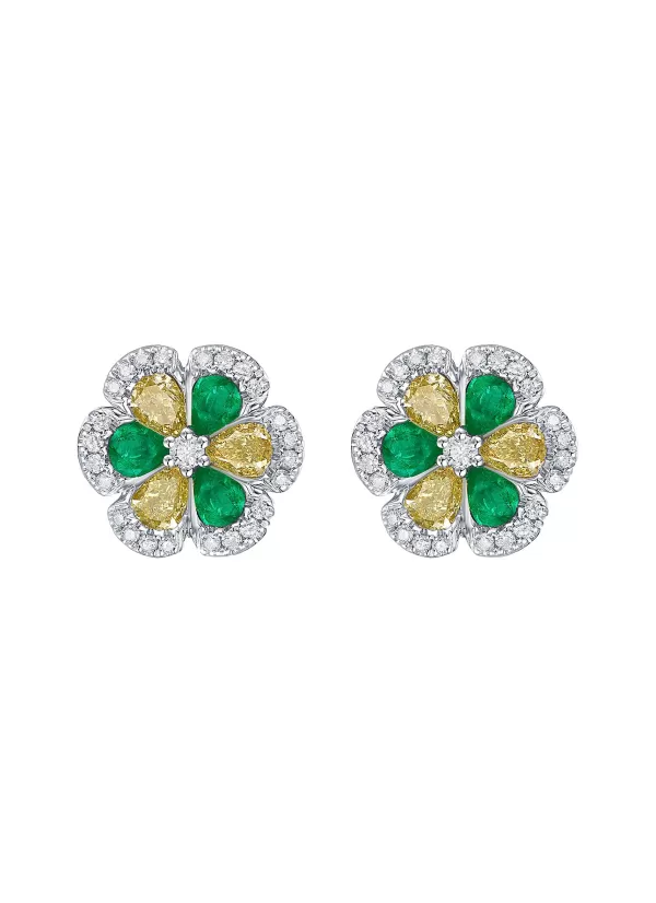 Fine Jewellery>LC COLLECTION JEWELLERY 18K White Gold Yellow Diamond Emerald Flower Stud Earrings