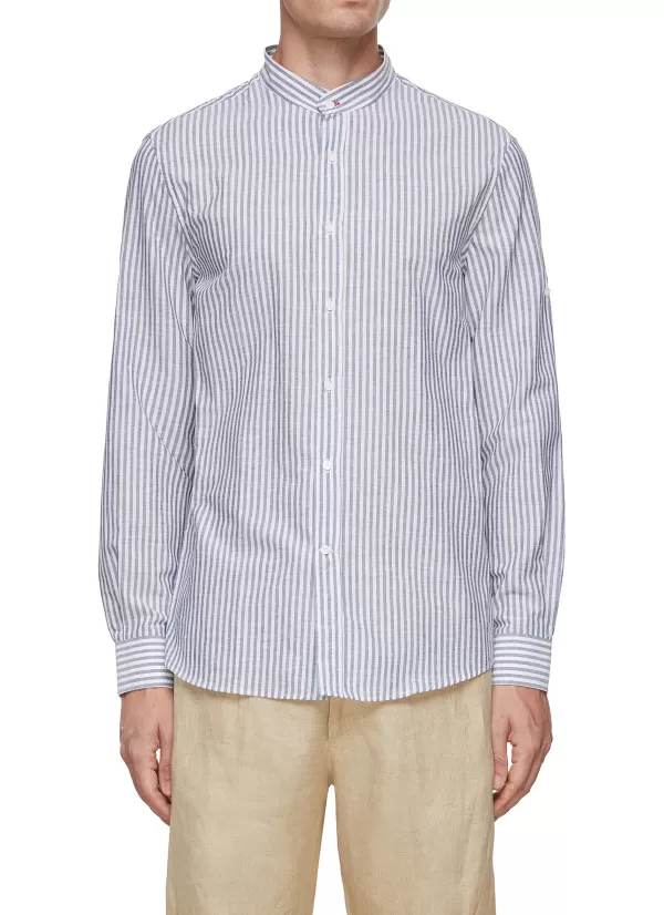 Shirts>BRUNELLO CUCINELLI Band Collar Cotton Linen Striped Shirt