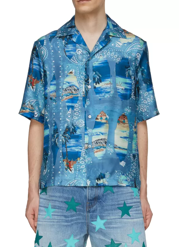 Shirts>AMIRI Bleach Bandana Island Print Bowling Shirt