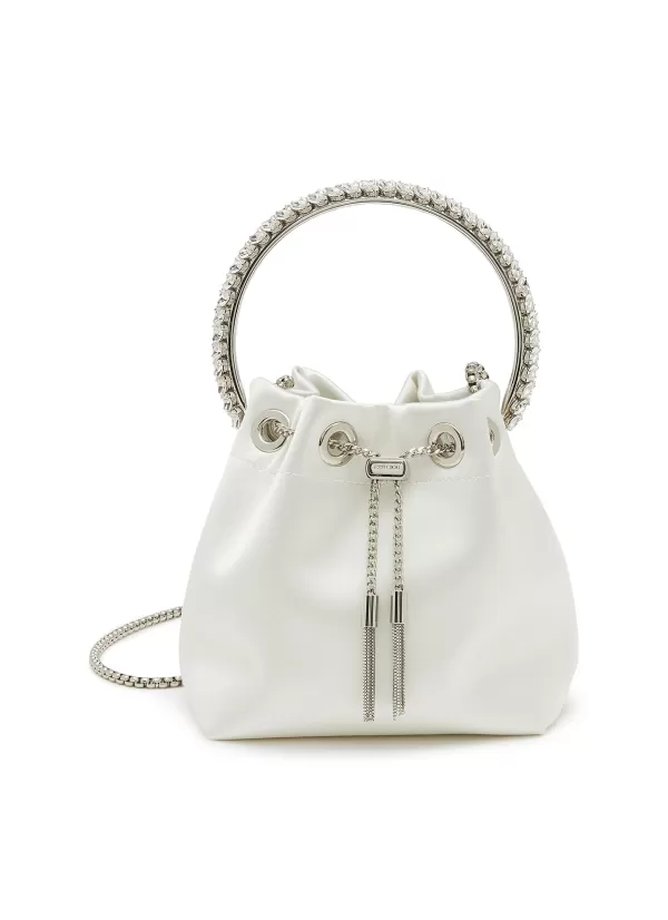 Clutch Bags>JIMMY CHOO Bon Bon Crystal Handle Satin Bucket Bag