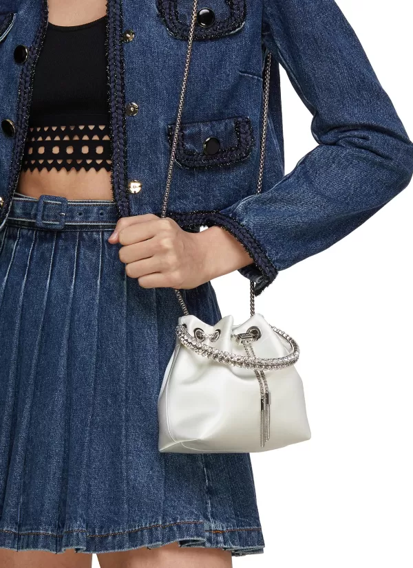 Clutch Bags>JIMMY CHOO Bon Bon Crystal Handle Satin Bucket Bag