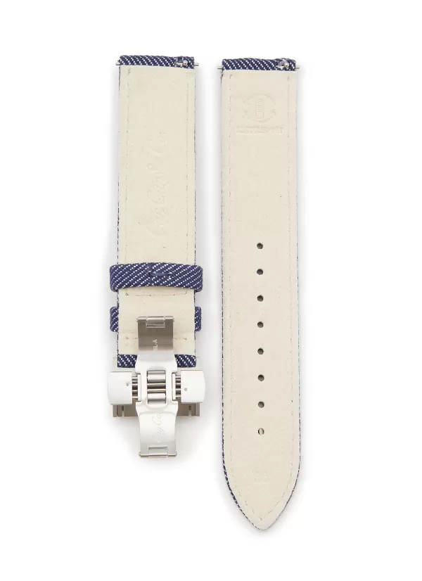 Watches>CUSTOM T. WATCH ATELIER Brushed Steel Butterfly Clasp Denim Watch Strap