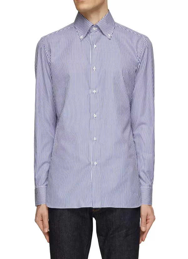 Shirts>LUIGI BORRELLI NAPOLI Button Down Collar Striped Cotton Shirt