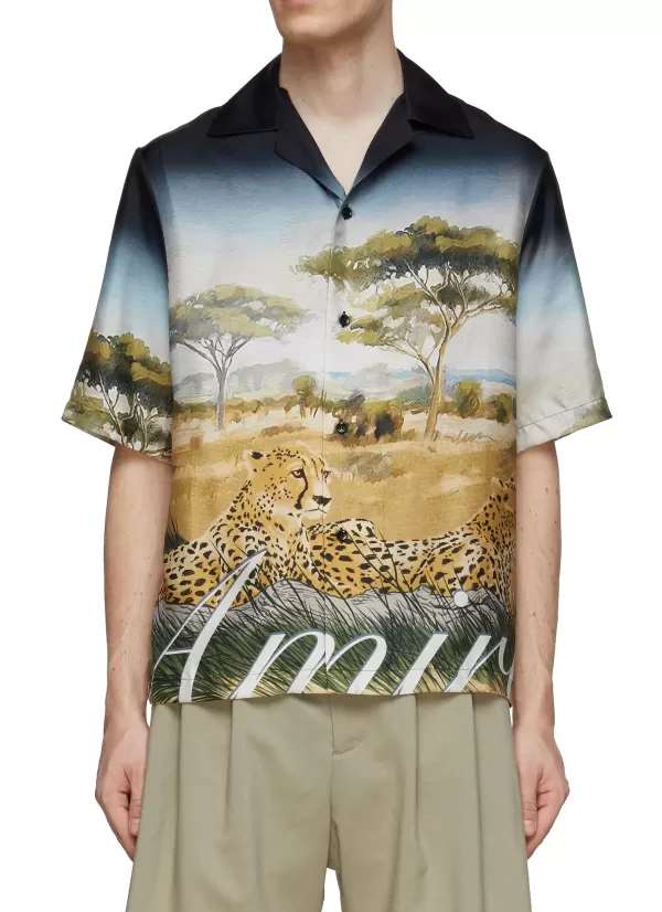 Shirts>AMIRI Cheetah Print Silk Bowling Shirt