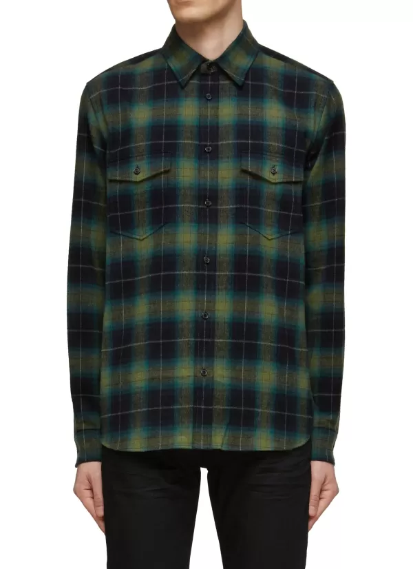 Shirts>SAINT LAURENT Chequered Flap Chest Pocket Cotton Button Up Shirt