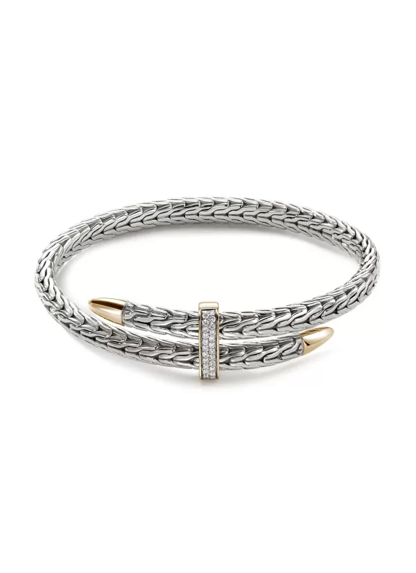 Fine Jewellery>JOHN HARDY Classic Chain Diamond 14K Gold Sterling Silver Bypass Flex Cuff — Size S-M
