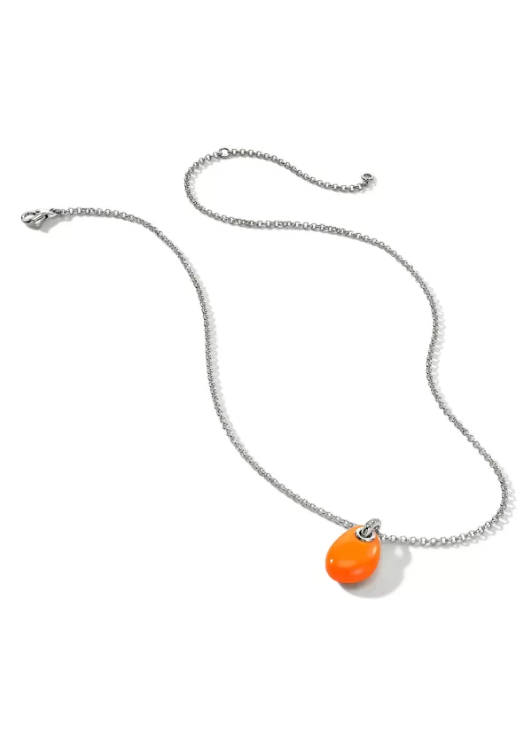 Fine Jewellery>JOHN HARDY Classic Chain Diamond Neon Orange Pebble Pendant Sterling Silver Necklace — Size 16-18