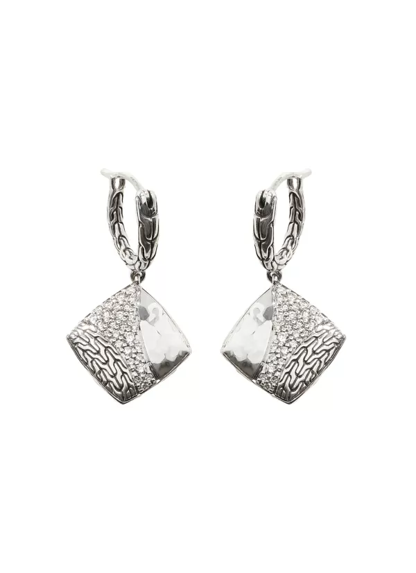 Fine Jewellery>JOHN HARDY Classic Chain Hammered Sterling Silver Diamond Square Drop Earrings