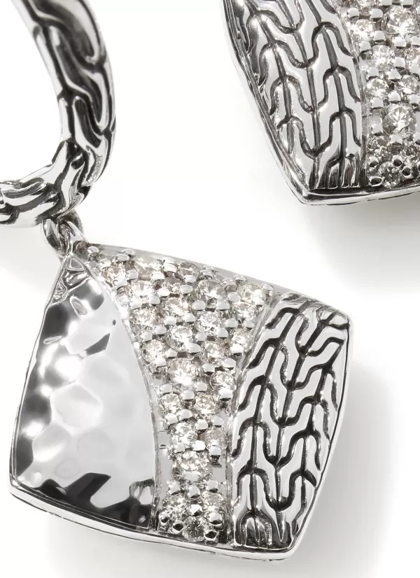 Fine Jewellery>JOHN HARDY Classic Chain Hammered Sterling Silver Diamond Square Drop Earrings