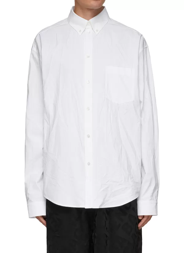 Shirts>BALENCIAGA Classic Logo Print Cotton Poplin Button Down Shirt