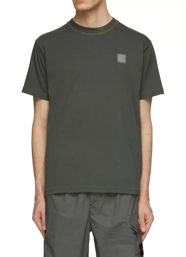 T-Shirts>STONE ISLAND Compass Patch Logo Dyed Fissato Crewneck T-Shirt