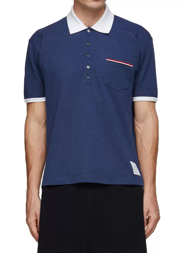 Polos>THOM BROWNE Contrast Detail Cotton Polo Shirt