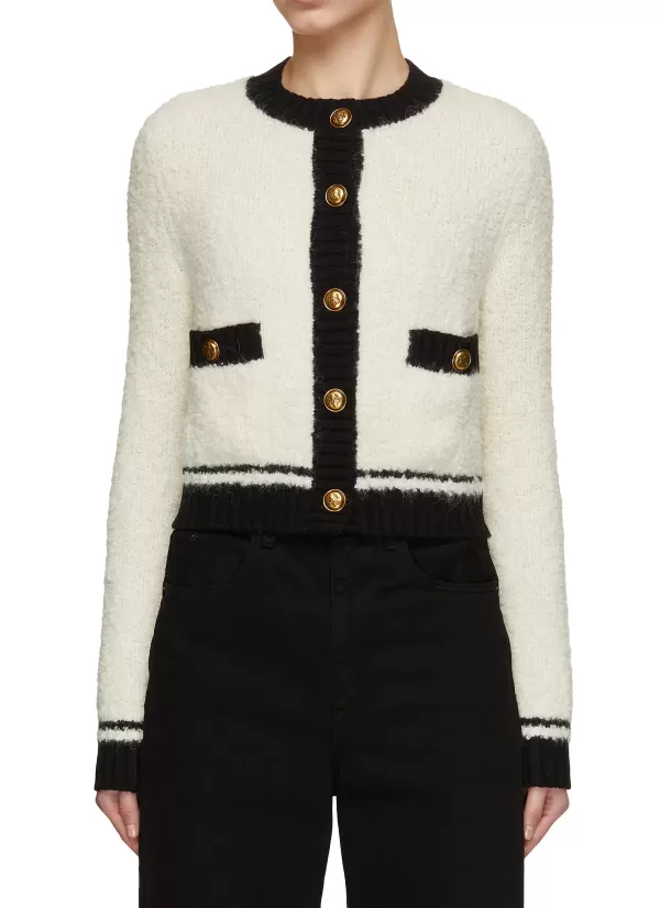 Knitwear>MO&CO. Contrast Trim Cropped Wool Blend Cardigan