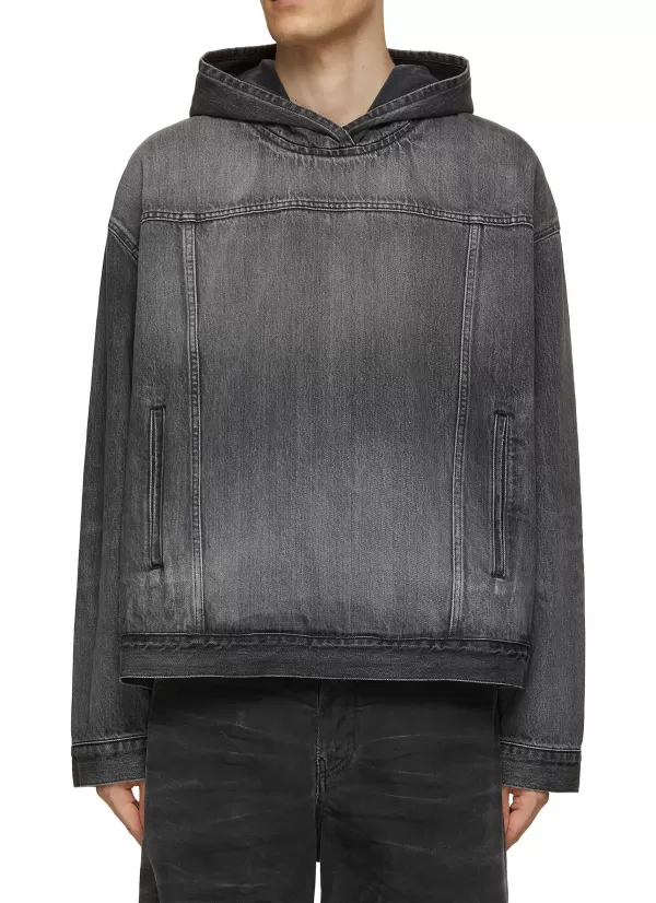 Pullovers & Hoodies>BALENCIAGA Dark Wash Oversized Denim Hoodie