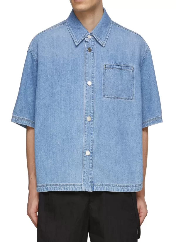 Shirts>SOLID HOMME Denim Cropped Short Sleeve Shirt