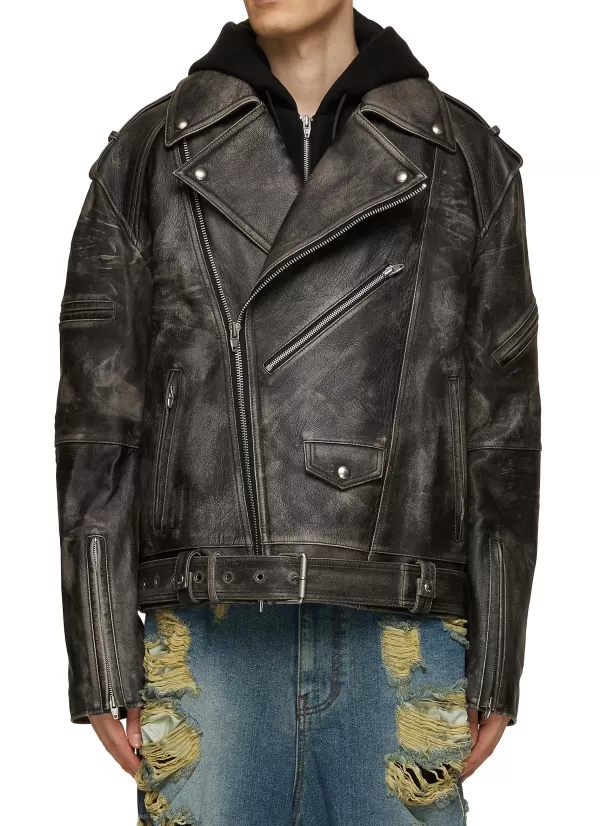 Jackets>JUUN.J Distressed Leather Biker Jacket