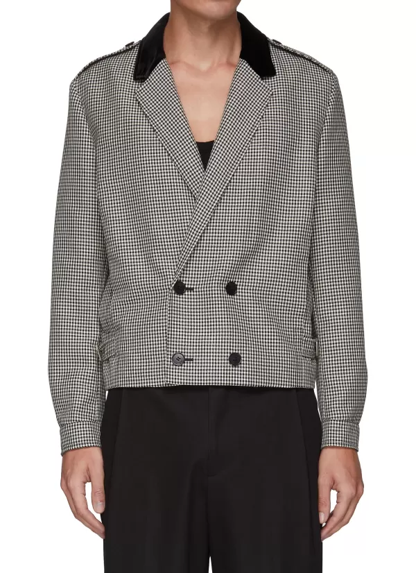 Suits>SAINT LAURENT Double Breasted Cropped Gingham Wool Mohair Jacket