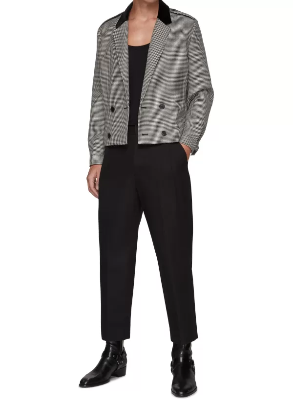 Suits>SAINT LAURENT Double Breasted Cropped Gingham Wool Mohair Jacket