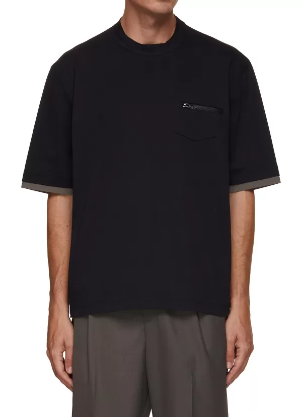 T-Shirts>SACAI Double Sleeve Contrasting Insert Crewneck T-Shirt