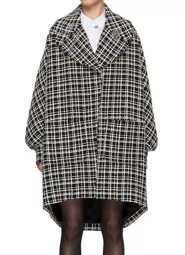 Jackets>SOONIL Drop Shoulder Midi Length Grid Tweed Jacket