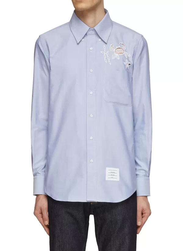 Shirts>THOM BROWNE Embroidered Cut Out Crab And Starfish Shirt