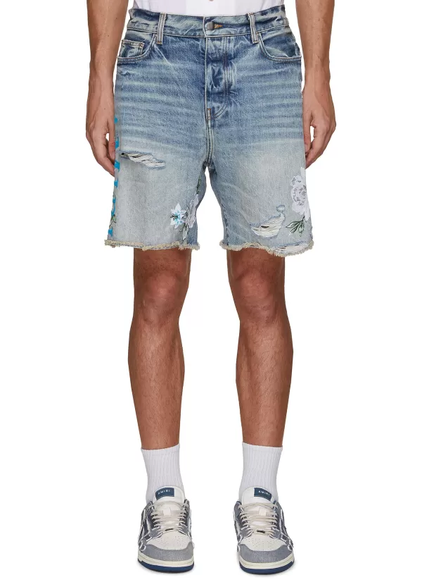 Pants>AMIRI Embroidered Floral Logo Medium Wash Denim Shorts