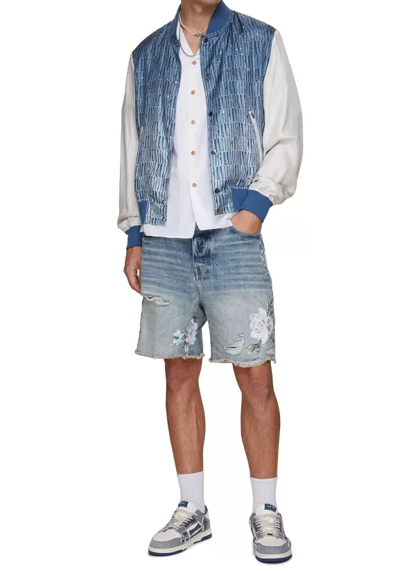 Pants>AMIRI Embroidered Floral Logo Medium Wash Denim Shorts