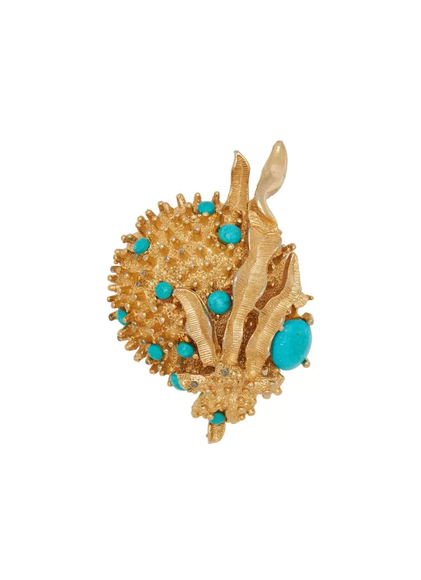 Vintage Accessories>* Emmons Gold Tone Faux Turquoise Anemone Brooch