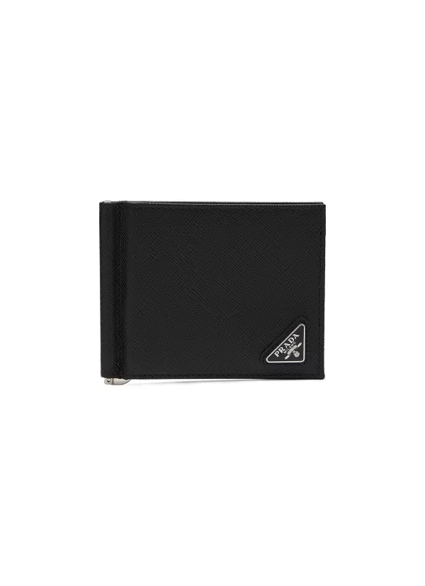 Small Leather Goods>PRADA Enamelled Logo Saffiano Leather Money Clip Bi-Fold Wallet