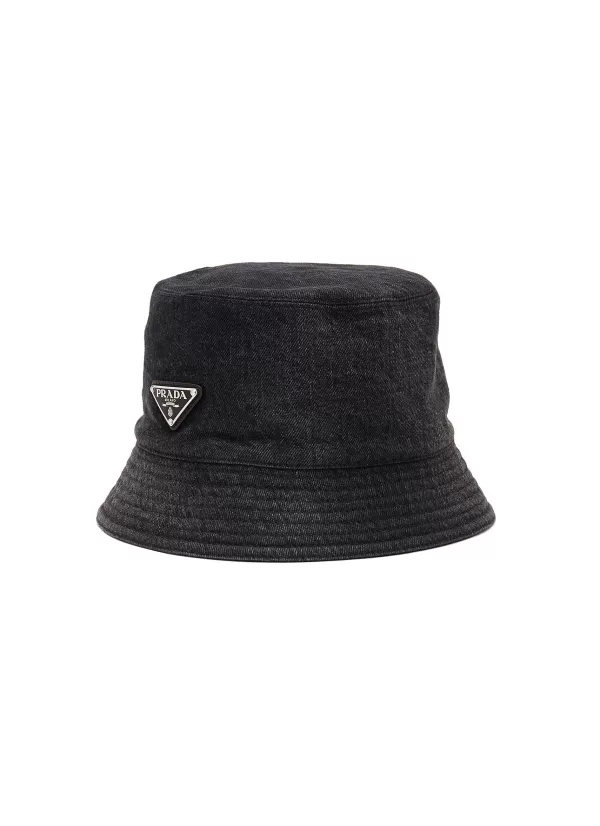 Hats & Gloves>PRADA Enamelled Metal Triangular Logo Denim Bucket Hat