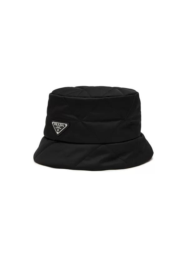 Hats & Gloves>PRADA Enamelled Metal Triangular Logo Quilted Bucket Hat