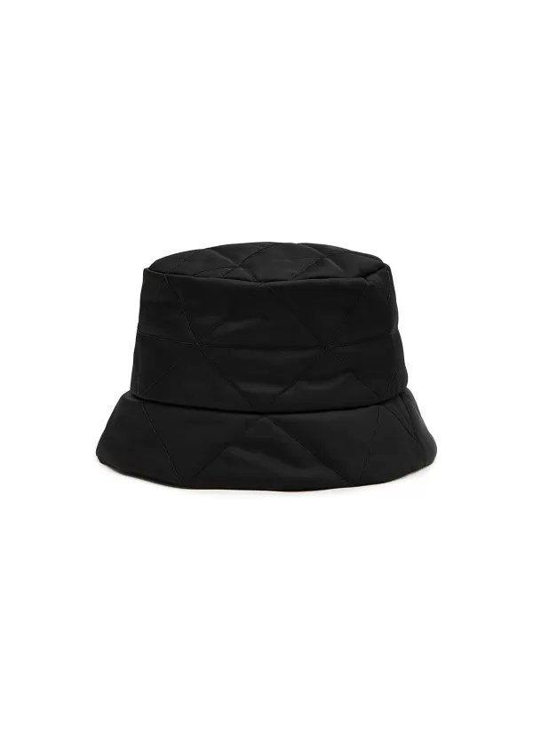 Hats & Gloves>PRADA Enamelled Metal Triangular Logo Quilted Bucket Hat