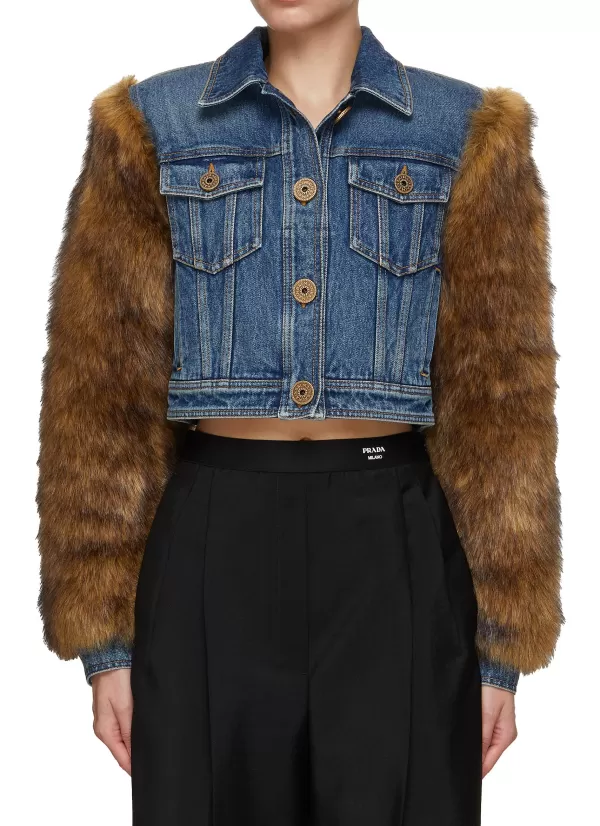 Jackets>BALMAIN Faux Fur Sleeve Cropped Denim Jacket