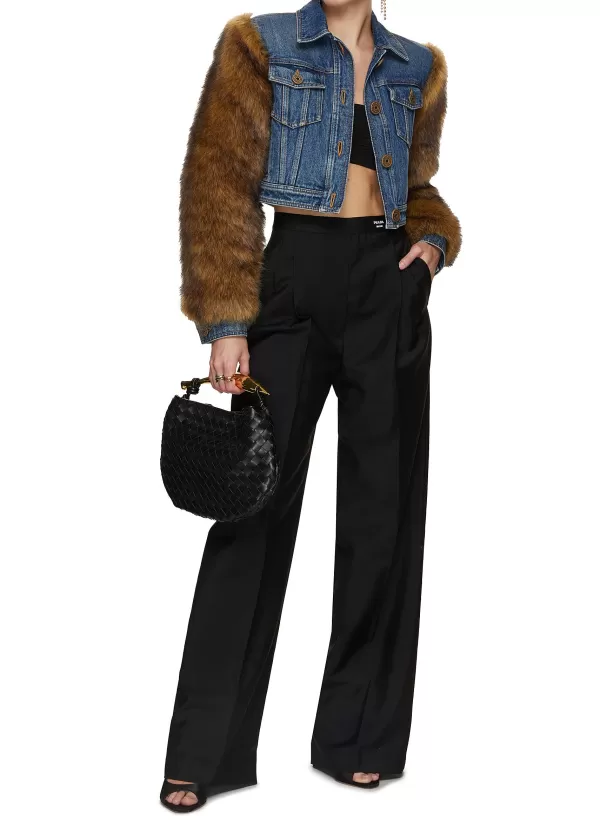 Jackets>BALMAIN Faux Fur Sleeve Cropped Denim Jacket