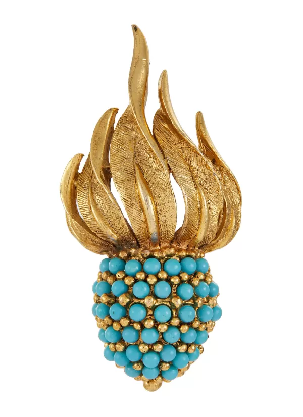 Vintage Accessories>* Faux Turquoise Gold Toned Flame Brooch