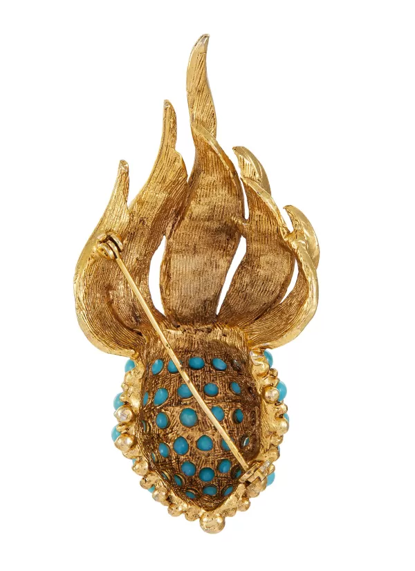 Vintage Accessories>* Faux Turquoise Gold Toned Flame Brooch