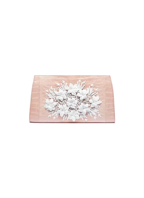 Clutch Bags>NANCY GONZALEZ Floral Applique Crocodile Leather Clutch