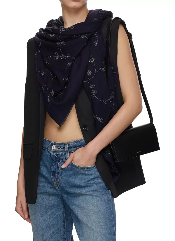 Scarves & Wraps>JANAVI Floral Embroidered Merino Wool Scarf