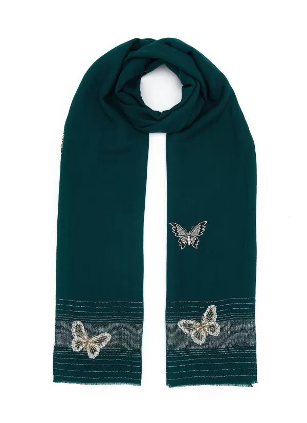 Scarves & Wraps>JANAVI Flying Butterfly Embroidered Merino Wool Scarf