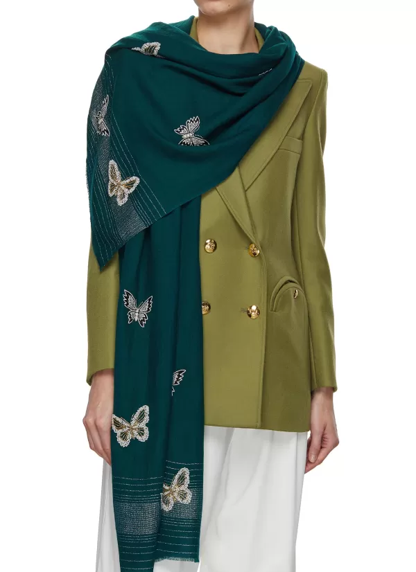 Scarves & Wraps>JANAVI Flying Butterfly Embroidered Merino Wool Scarf