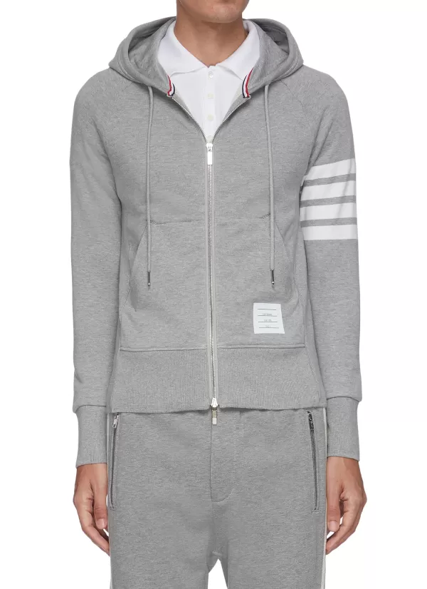 Pullovers & Hoodies>THOM BROWNE Four-Bar Stripe Zip-Up Jersey Hoodie