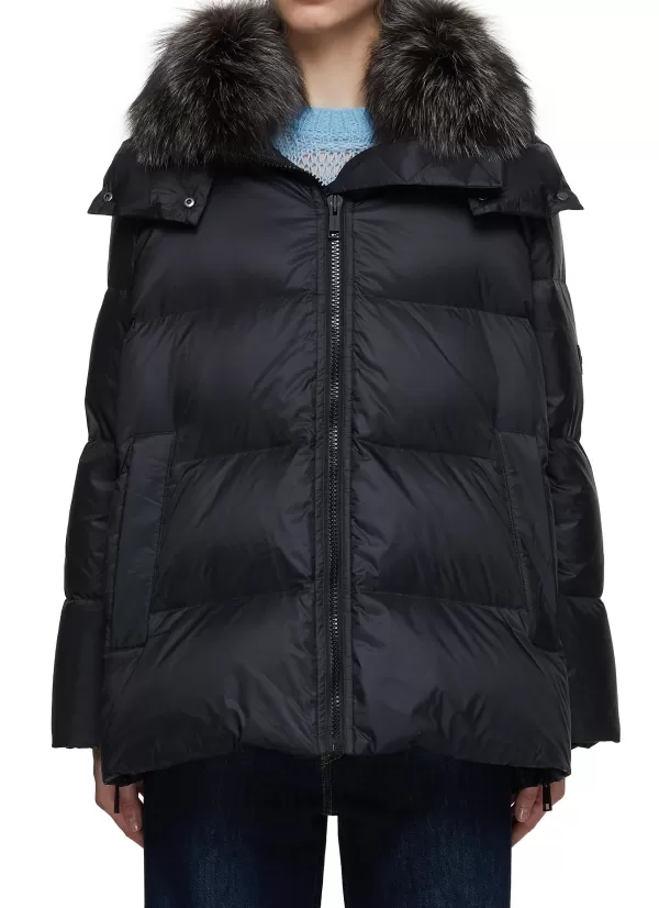 Jackets>YVES SALOMON ARMY Fox Fur Collar Hooded Puffer With Side Zip