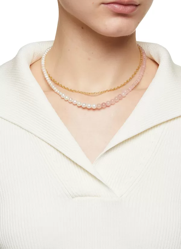 Fashion Jewellery>COMPLETEDWORKS Freshwater Pearl Rose Quartz 18Ct Gold Plated Necklace