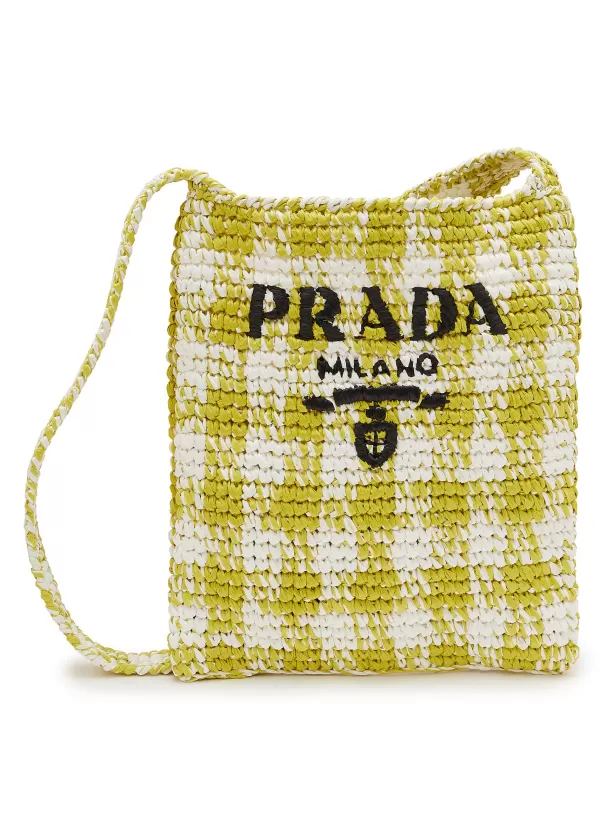 Crossbody>PRADA Gingham Logo Raffia Crossbody Bag