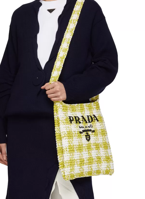 Crossbody>PRADA Gingham Logo Raffia Crossbody Bag