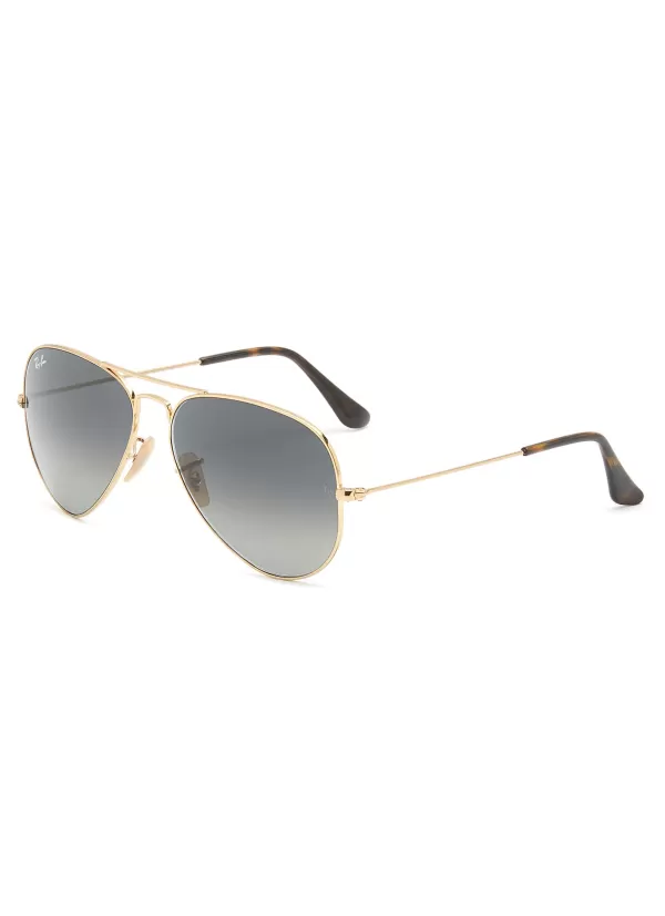 Eyewear>RAY BAN Gradient Grey Lens Gold Toned Metal Aviator Sunglasses