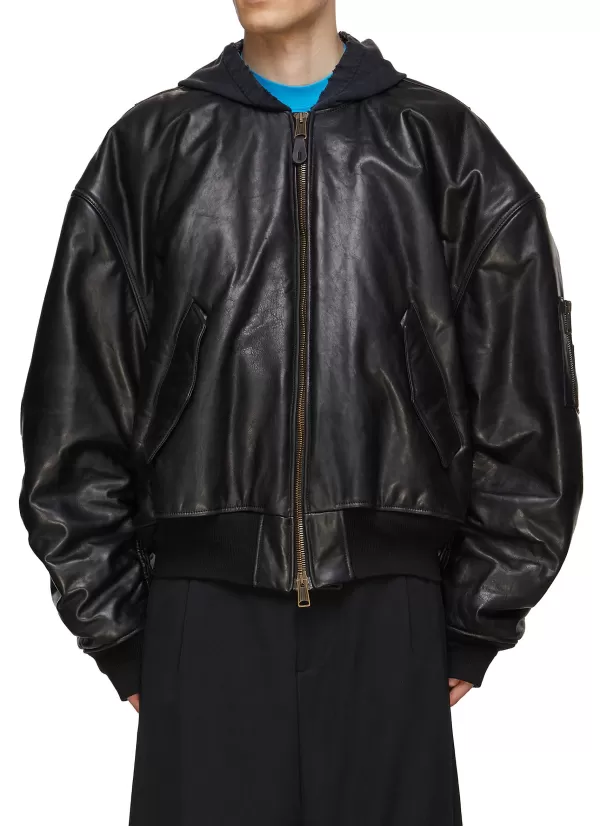 Jackets>BALENCIAGA Hooded Leather Oversized Bomber Jacket