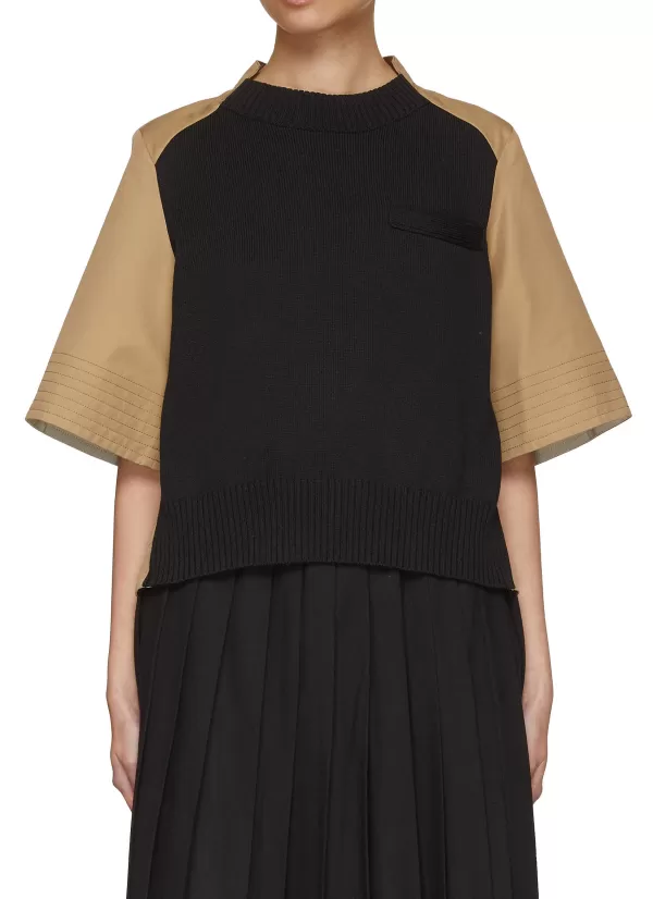 Tops>SACAI Hybrid Knit Front Pleated Back Top