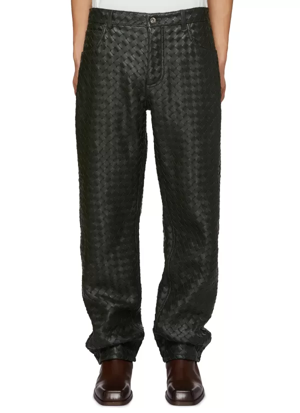 Pants>BOTTEGA VENETA Intrecciato Leather Straight Leg Pants