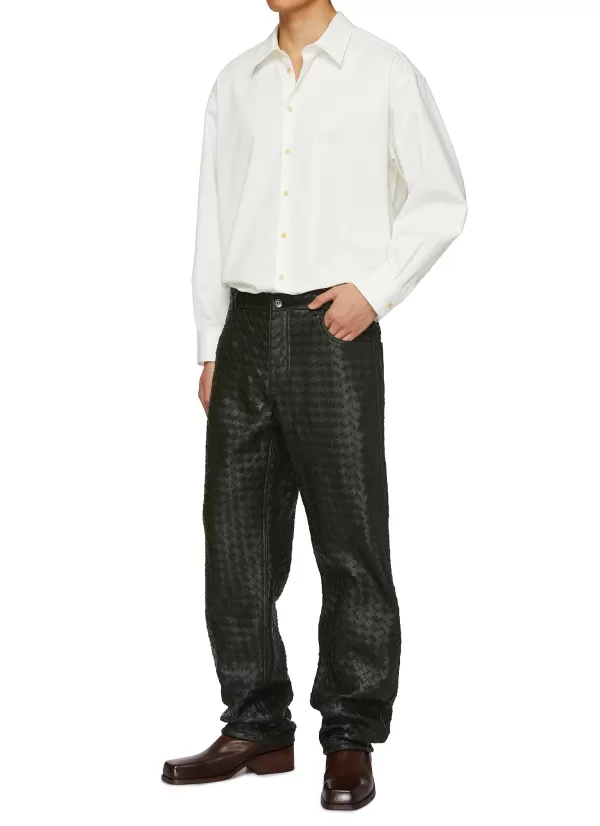 Pants>BOTTEGA VENETA Intrecciato Leather Straight Leg Pants